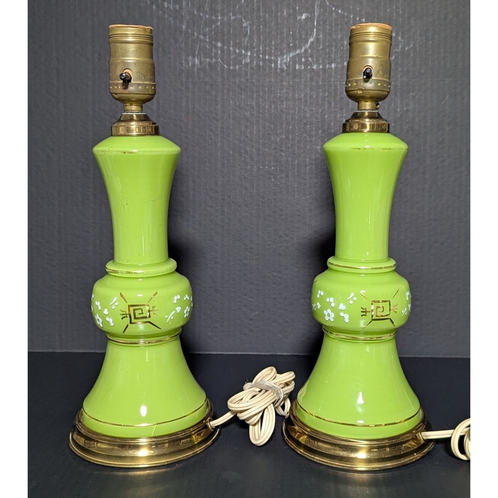 Vintage 1950's Working Pair of Hand Painted Green Glass & Brass Table Lamps - Picture 2 of 16